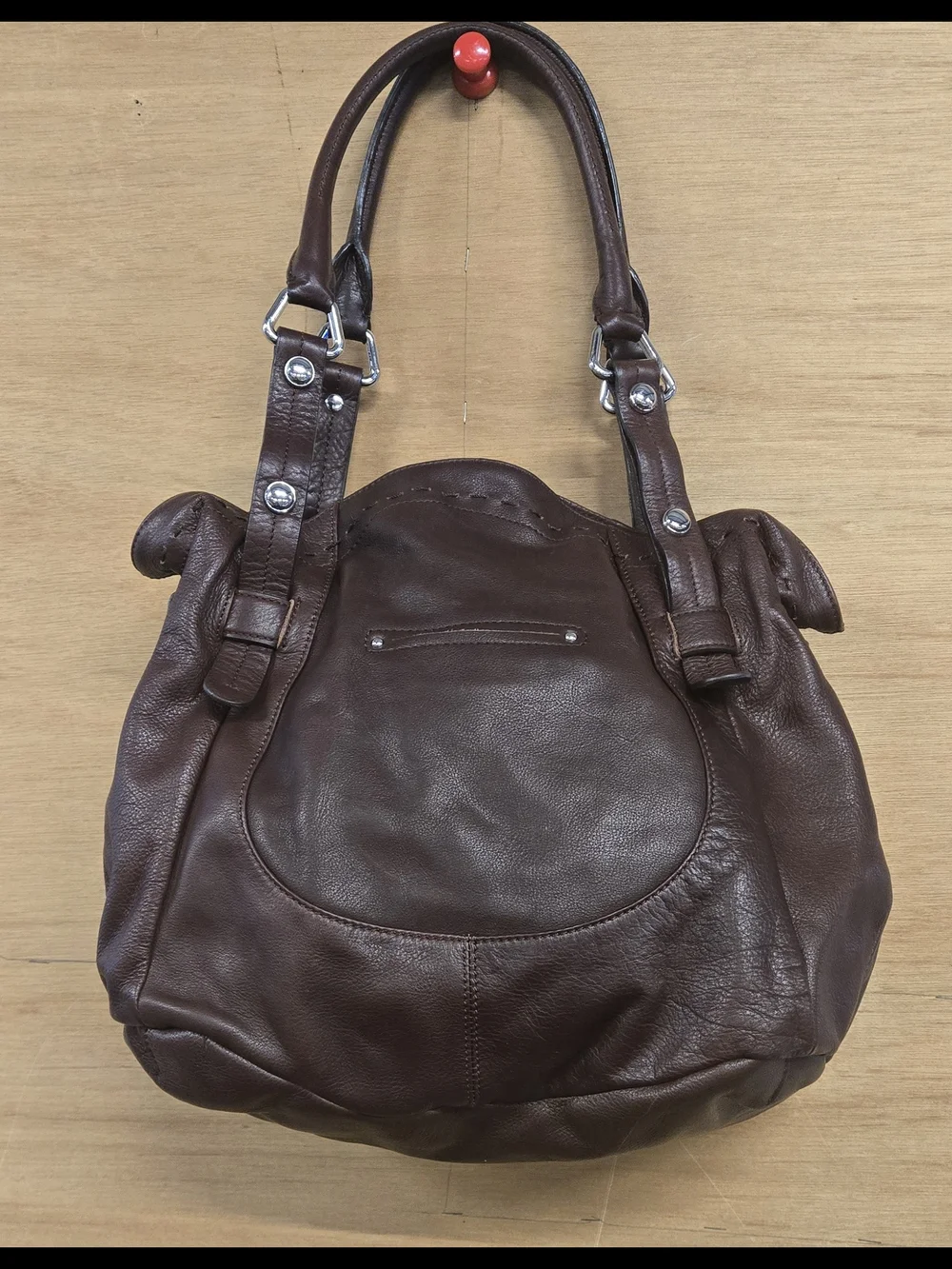 b. makowsky Brown Leather Shoulder Tote with Silver Hardware